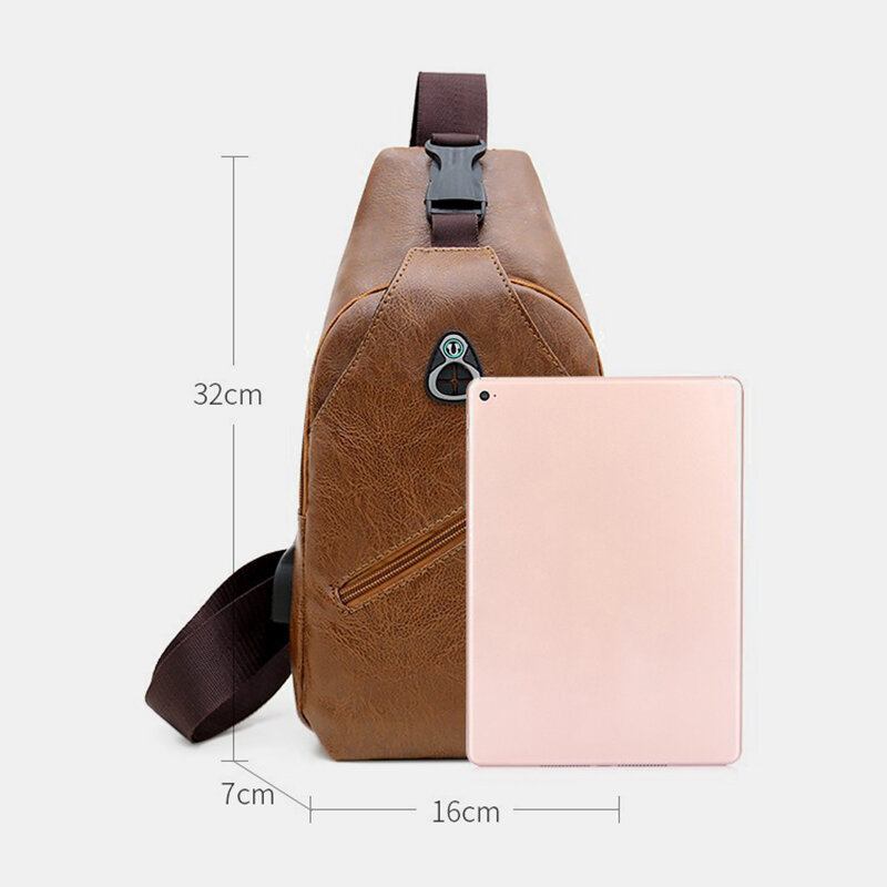 Mænd Pu Læder Retro Business Brysttaske Med Usb Opladning Ungdoms Læder Skuldertaske Cross Body Bag