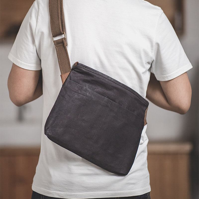 Mænd Simple Oil Wax Canvas Messenger Taske Vandtæt Forstærket Polyester Webbing Crossbody Taske Skuldertaske