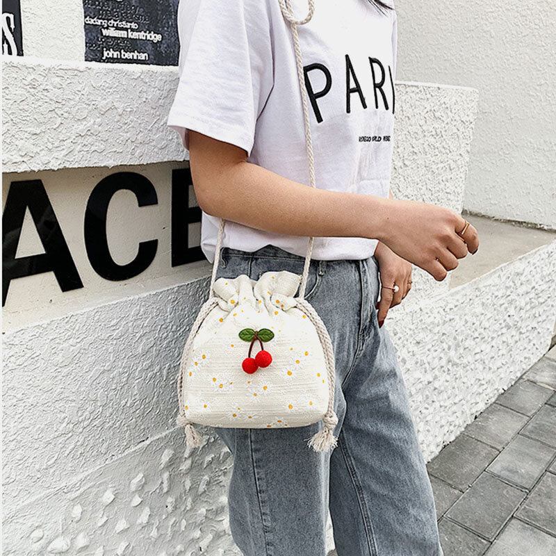 Summer Cherry Dotted Rund Straw Crossbody Taske Skuldertaske