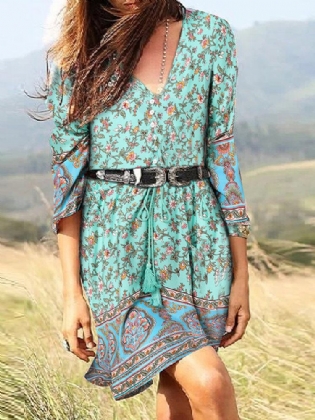 Bohemian Floral Print Tie Button V-hals Mini Dress