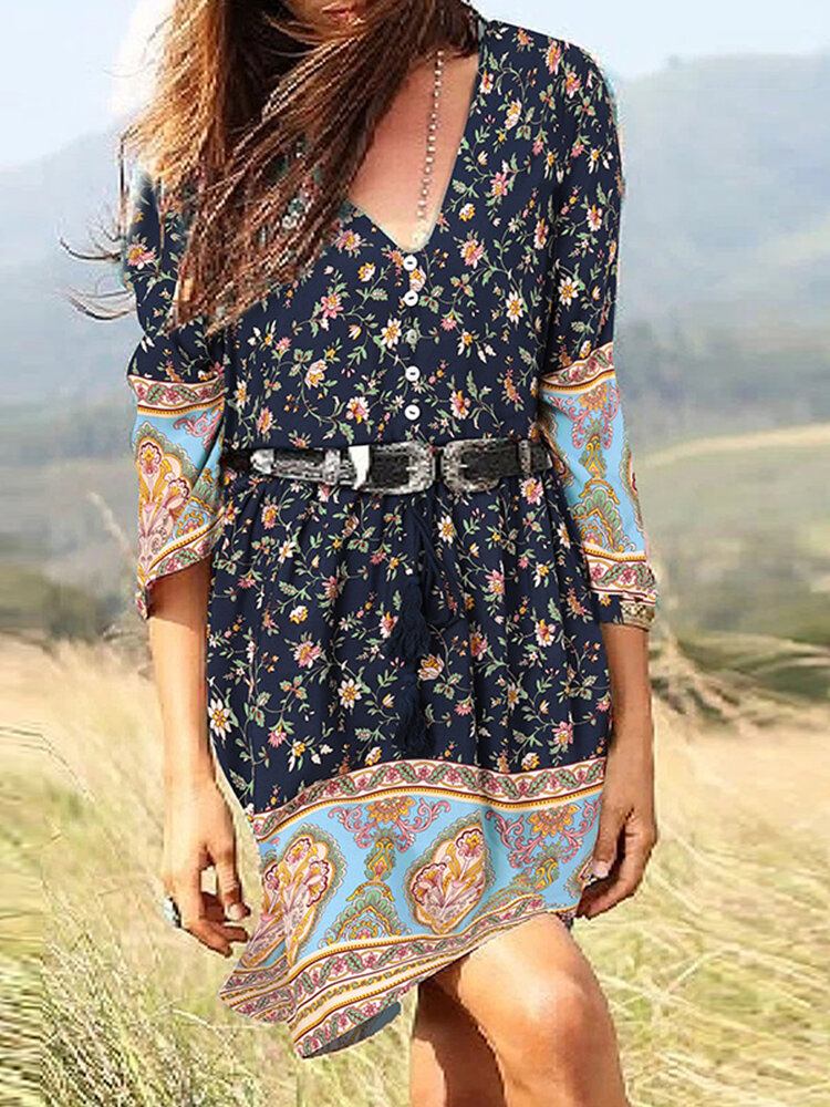 Bohemian Floral Print Tie Button V-hals Mini Dress