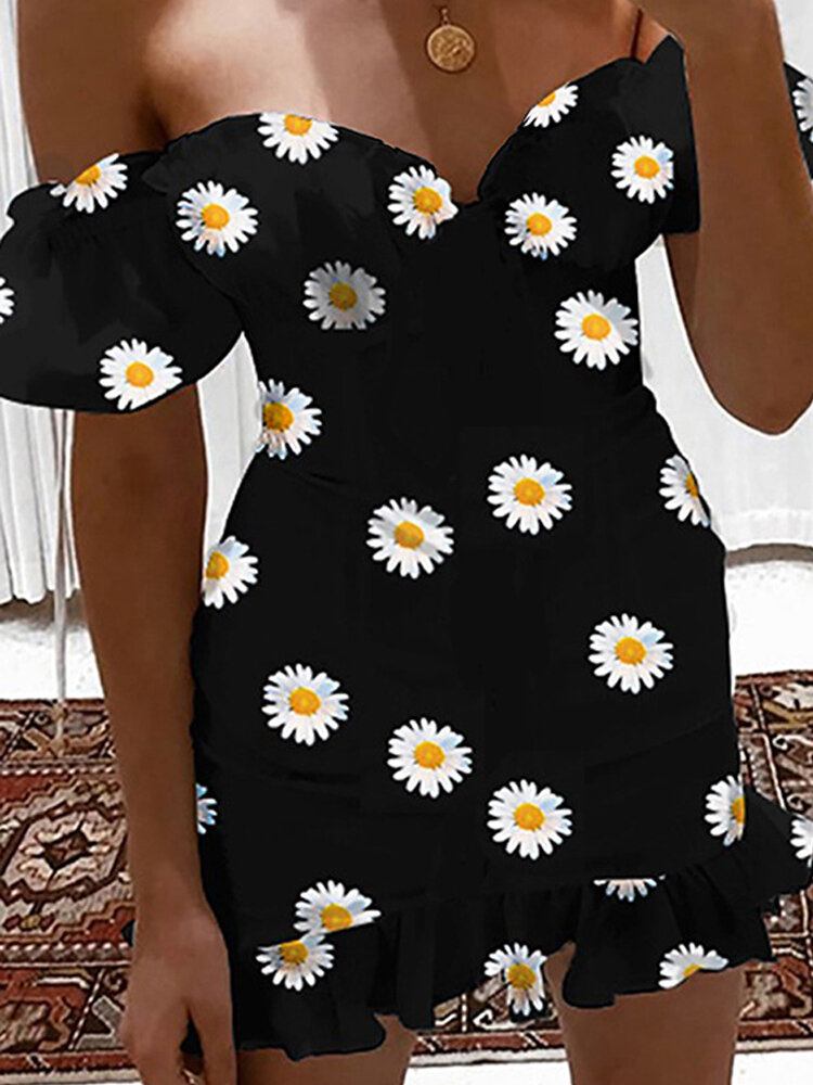 Chic Daisy Print Off Skulder Kortærmet Casual Mini Kjole