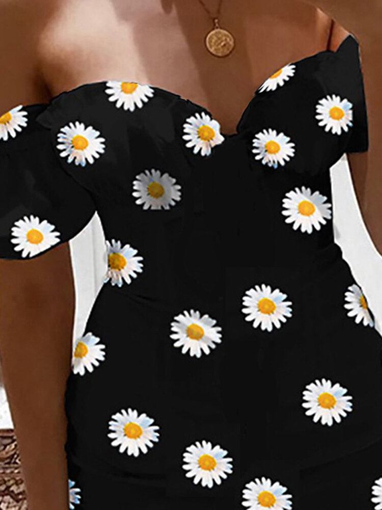 Chic Daisy Print Off Skulder Kortærmet Casual Mini Kjole