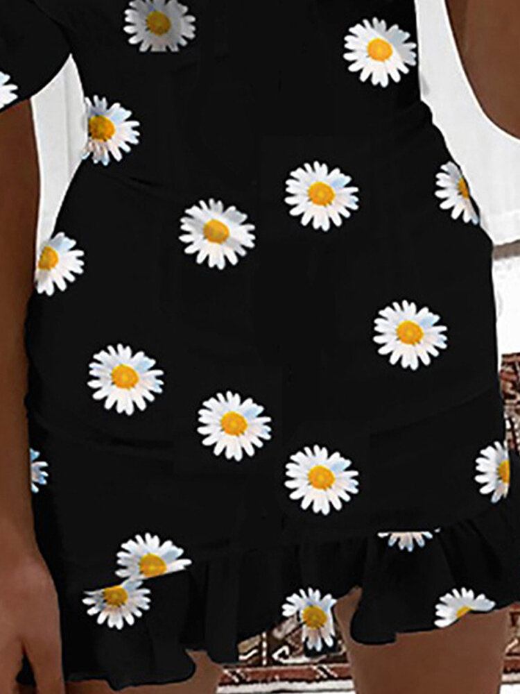 Chic Daisy Print Off Skulder Kortærmet Casual Mini Kjole