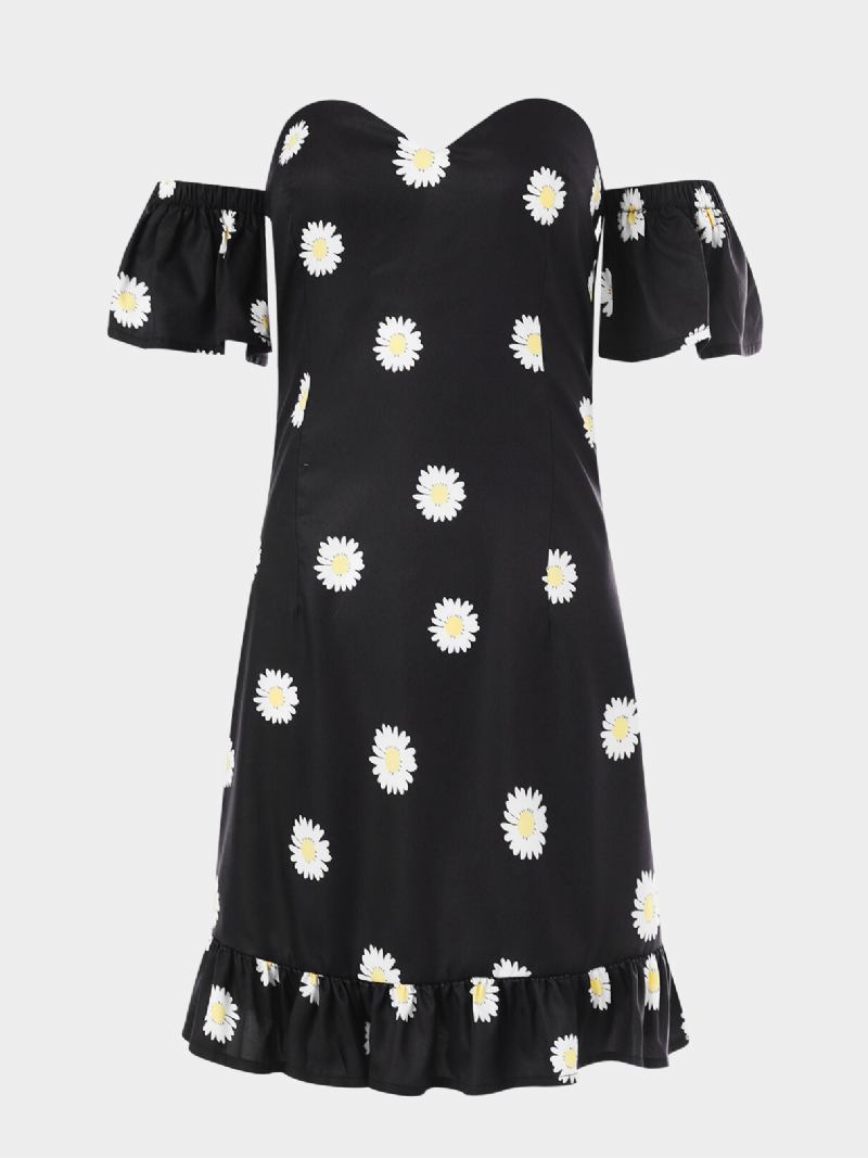 Chic Daisy Print Off Skulder Kortærmet Casual Mini Kjole