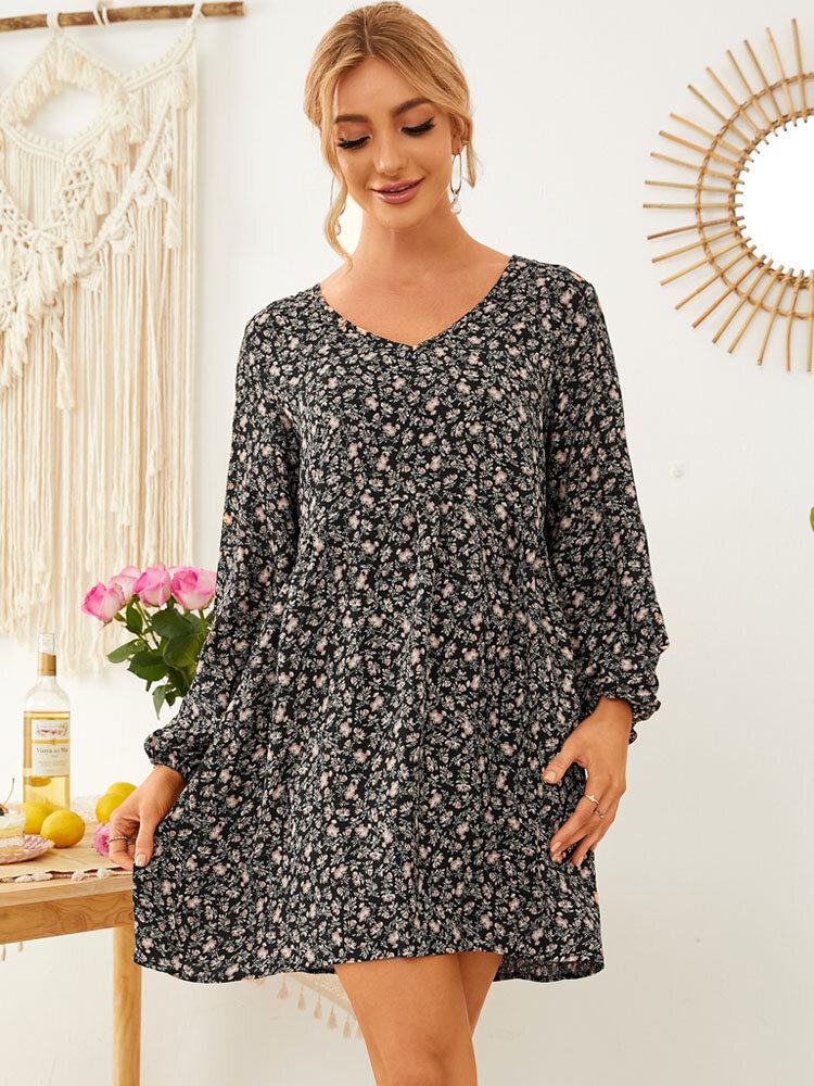 Ditsy Floral V-hals Ruched Regular Fit Langærmet Kjole