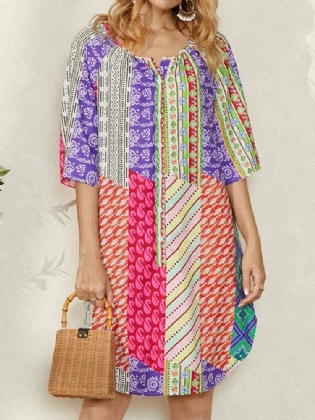 Kvinder Abstrakt Farveblok Print Med Rund Hals Halværmet Kjole I Etnisk Stil