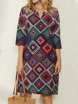 Kvinder Etnisk Geometrisk Print 3/4-ærmet Vintage Afslappet Kjole Med Lomme
