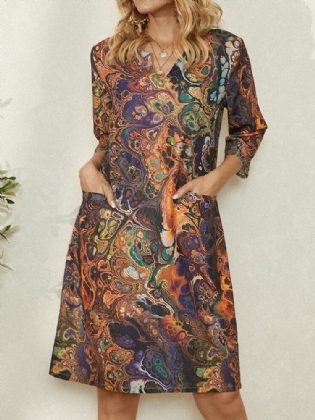 Kvinder Multi-farve Vintage Print 3/4-ærmet V-hals Kjole Med Lomme
