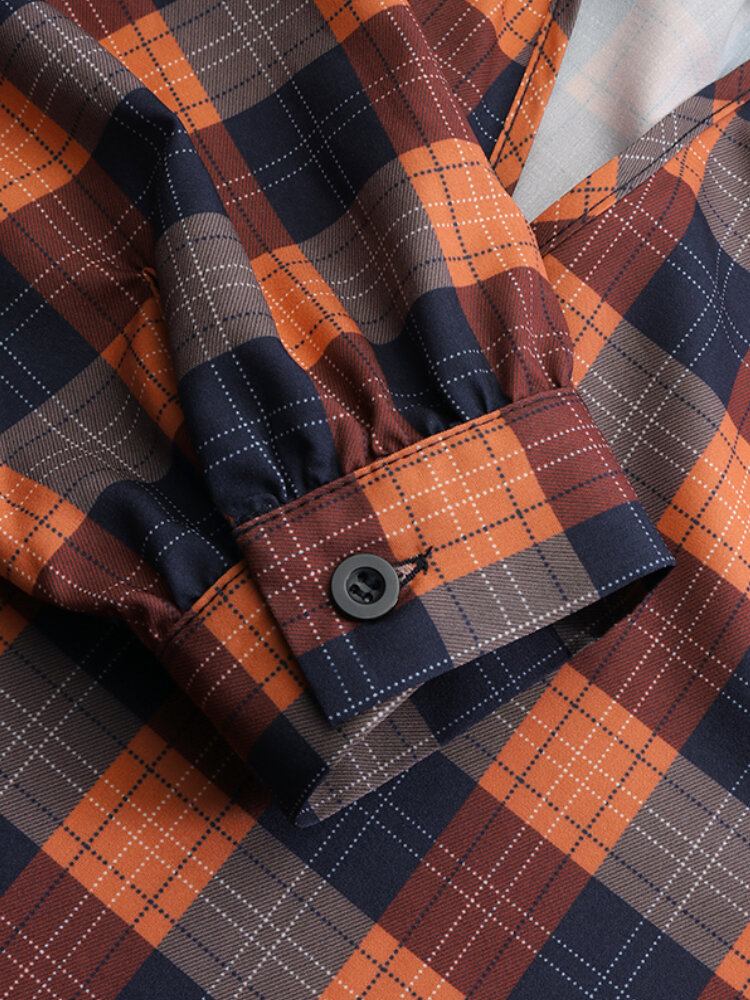 Kvinder Plaid Tiered Flæser Tie V-hals Casual Langærmede Mini Kjoler