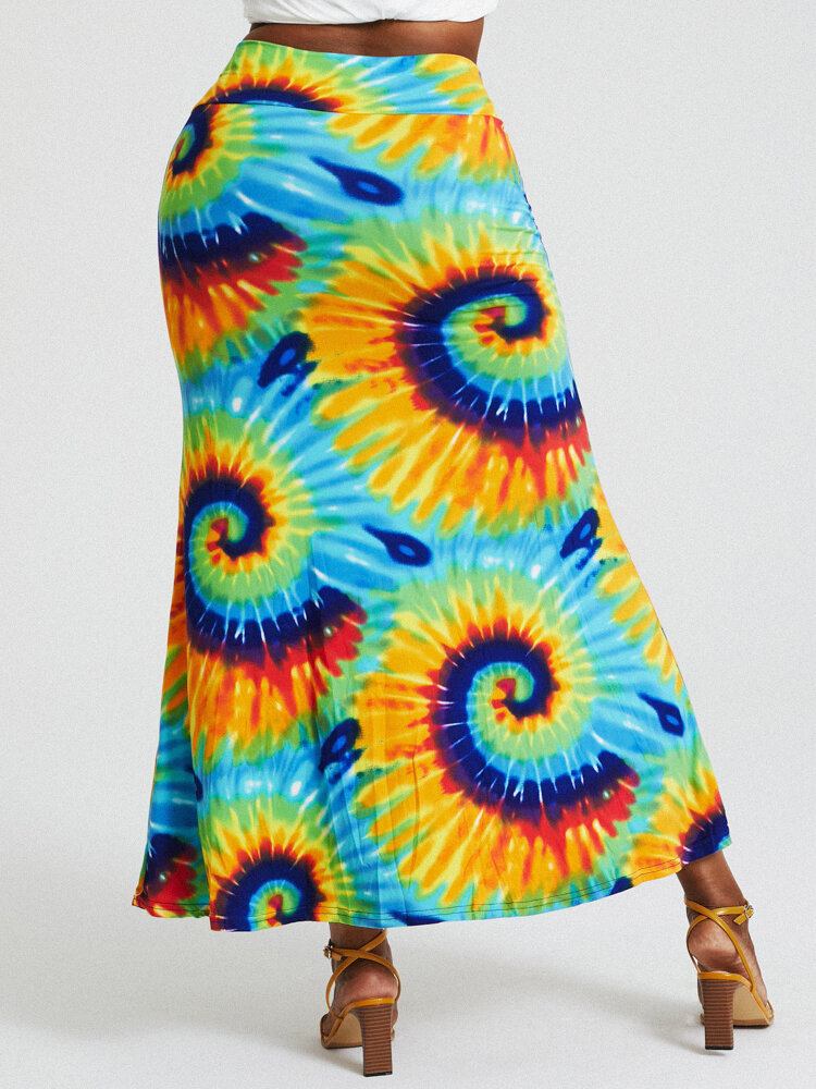 Bohemia Tie Dye Print Højtaljede Balder Bodycon Lang Nederdel