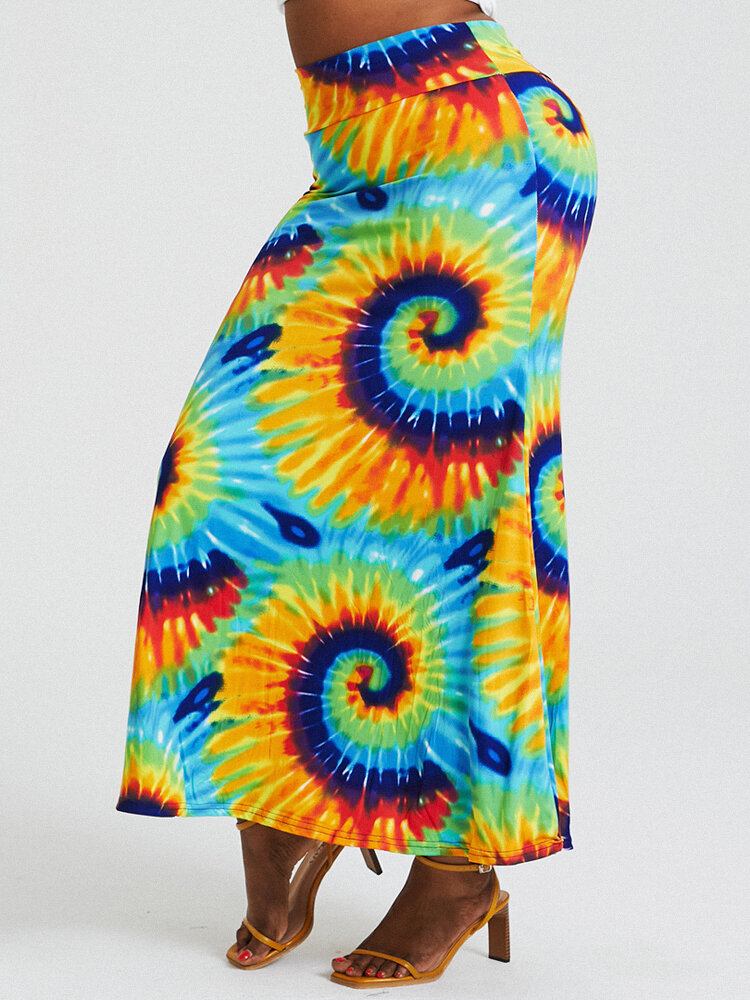 Bohemia Tie Dye Print Højtaljede Balder Bodycon Lang Nederdel