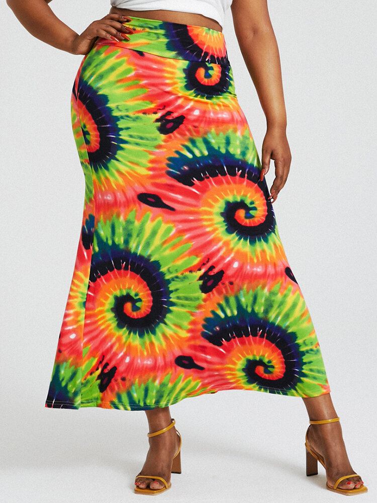 Bohemia Tie Dye Print Højtaljede Balder Bodycon Lang Nederdel