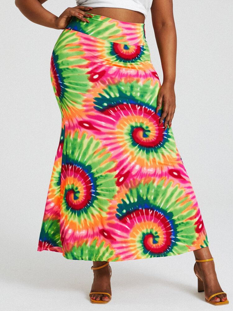 Bohemia Tie Dye Print Højtaljede Balder Bodycon Lang Nederdel