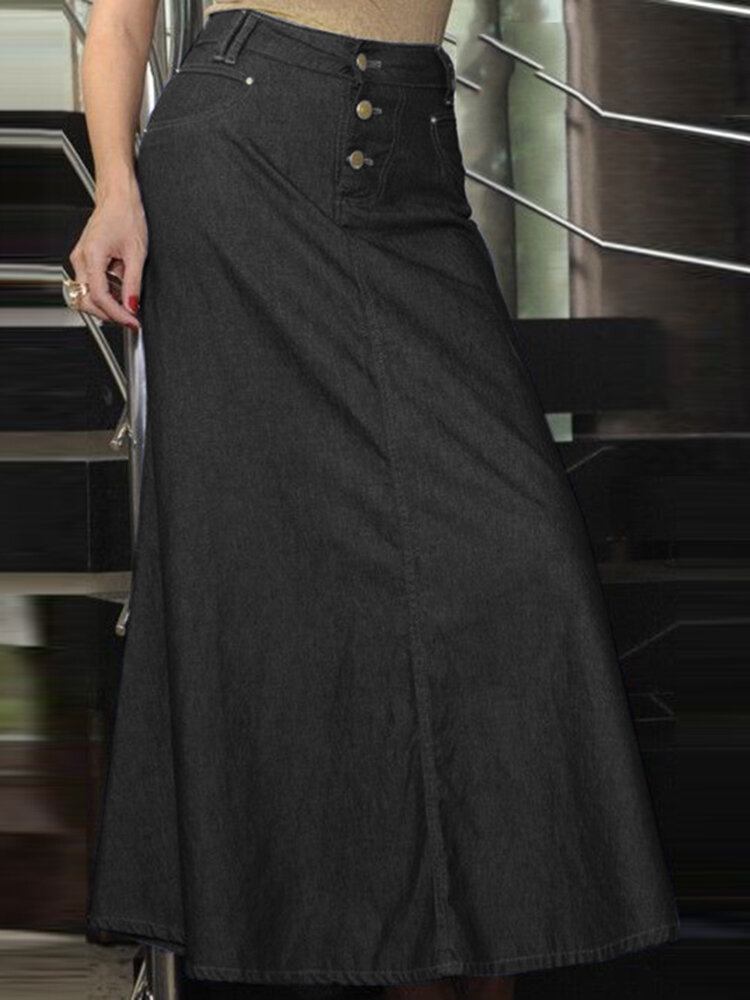 Fritidsknap Casual Denim Maxi Nederdel