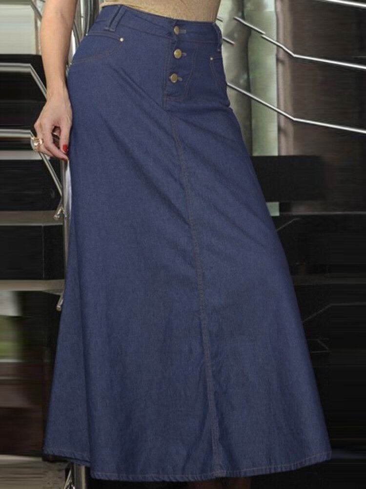 Fritidsknap Casual Denim Maxi Nederdel