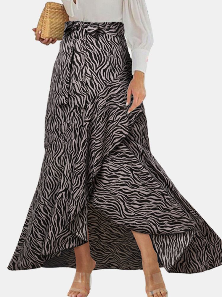 Kvinder Zebra Print Asymmetrisk Flæse Knyttet Casual Højtalje Nederdele