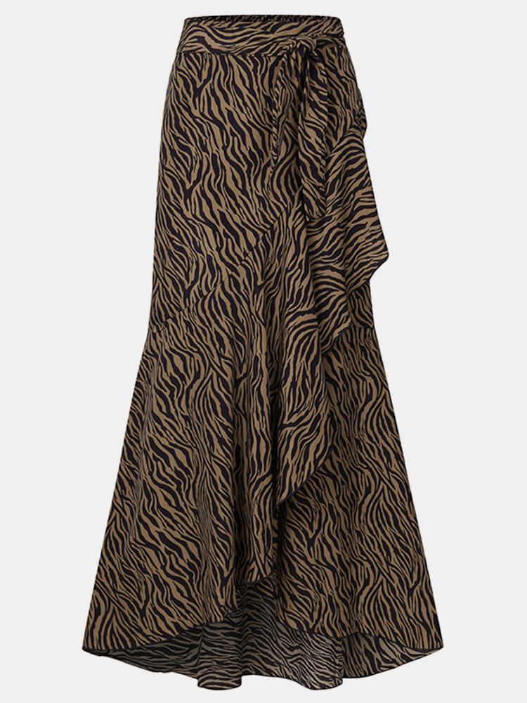 Kvinder Zebra Print Asymmetrisk Flæse Knyttet Casual Højtalje Nederdele