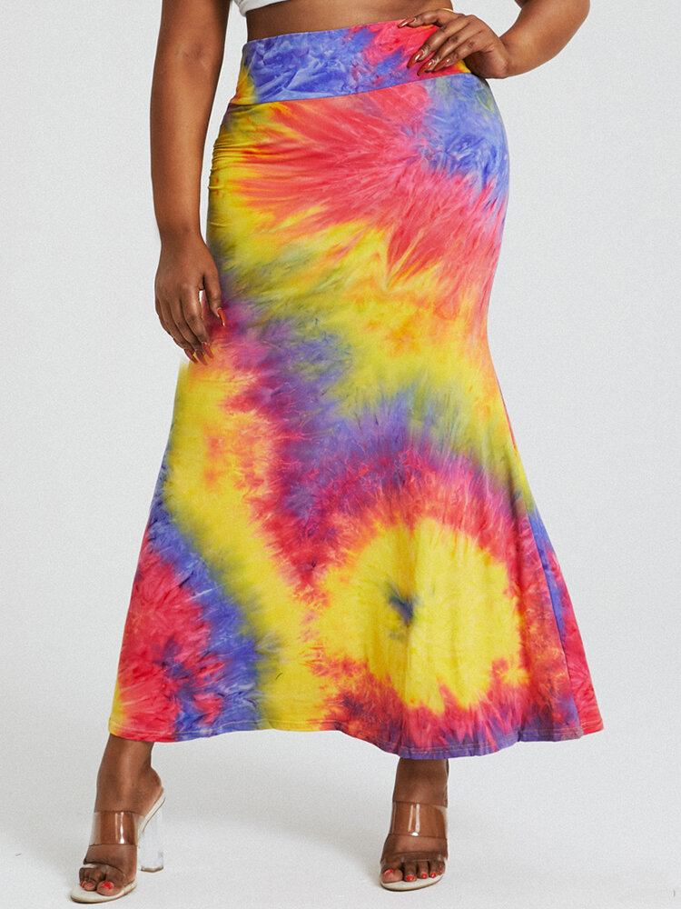 Tie Dye Print Højtaljede Balder Bodycon Lang Nederdel