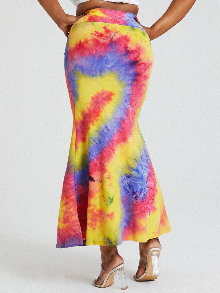 Tie Dye Print Højtaljede Balder Bodycon Lang Nederdel