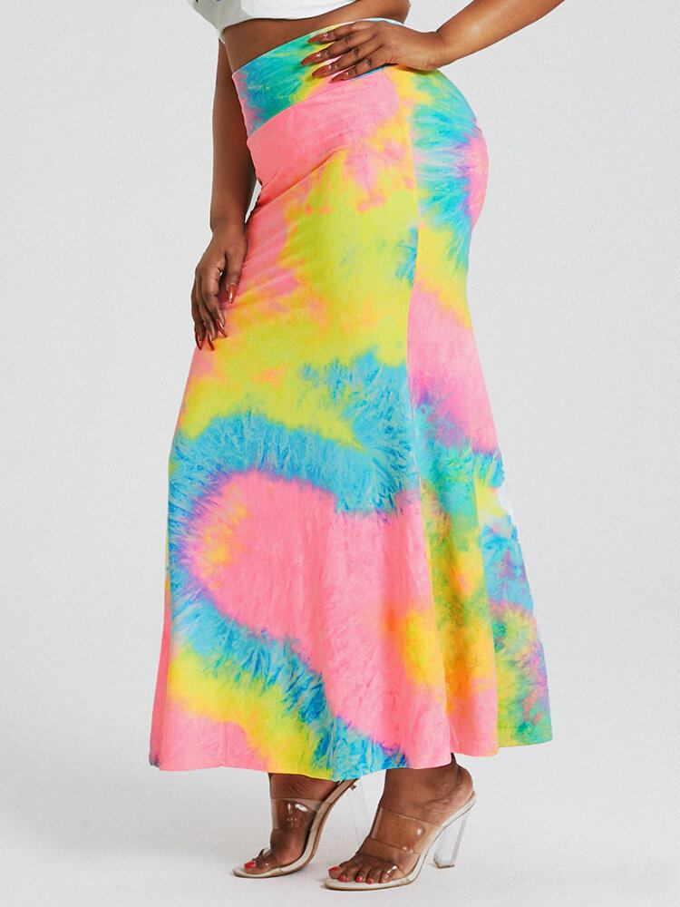 Tie Dye Print Højtaljede Balder Bodycon Lang Nederdel