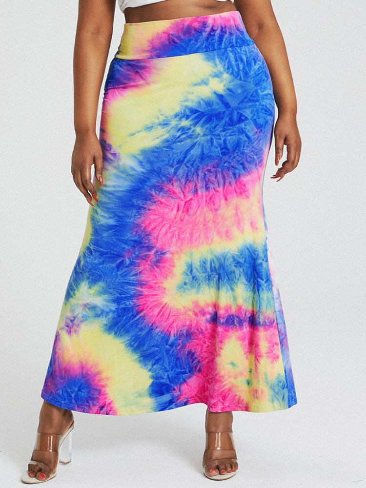 Tie Dye Print Højtaljede Balder Bodycon Lang Nederdel