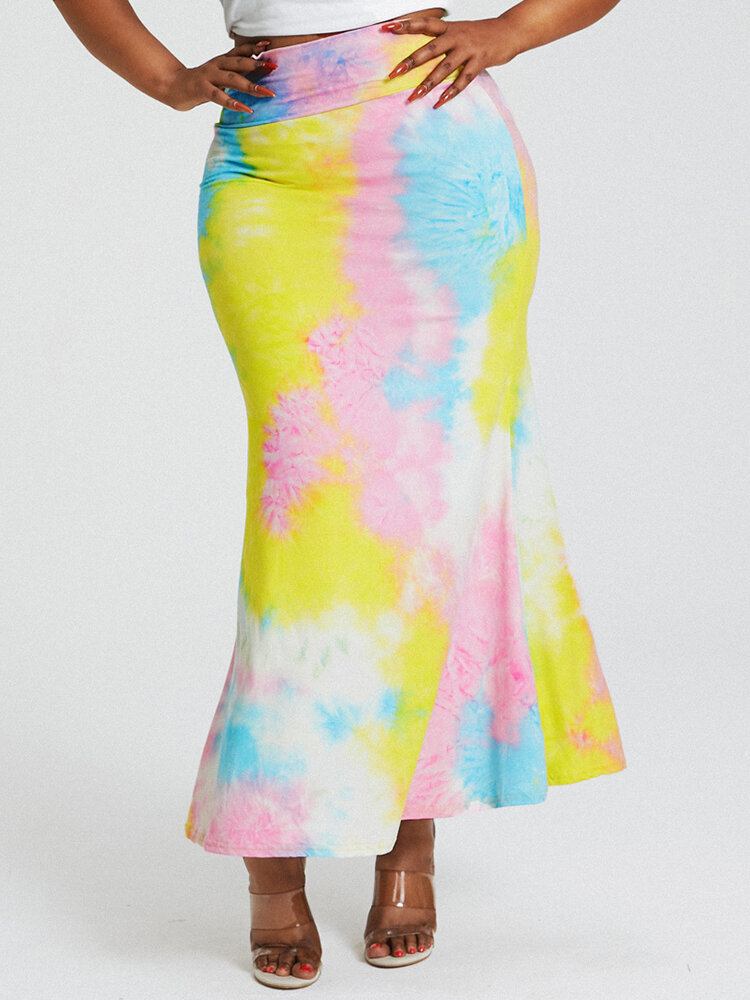 Tie Dye Print Højtaljede Balder Bodycon Lang Nederdel