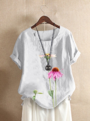 Blomstertryk O-hals Kortærmet Casual T-shirt Til Kvinder