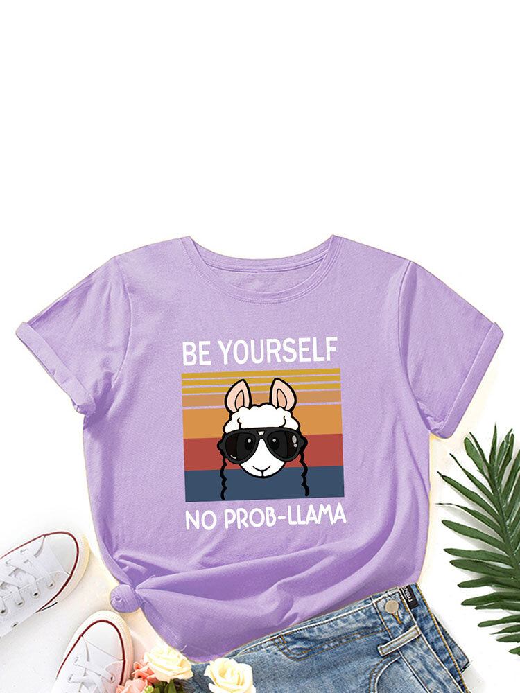 Cartoon Animal Slogan Print Rundhalset T-shirt Til Kvinder