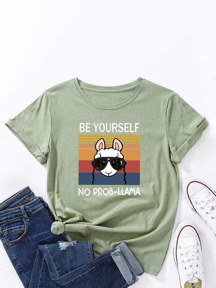 Cartoon Animal Slogan Print Rundhalset T-shirt Til Kvinder