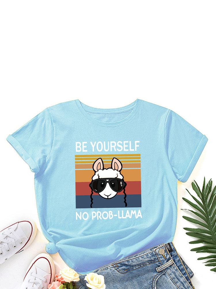 Cartoon Animal Slogan Print Rundhalset T-shirt Til Kvinder