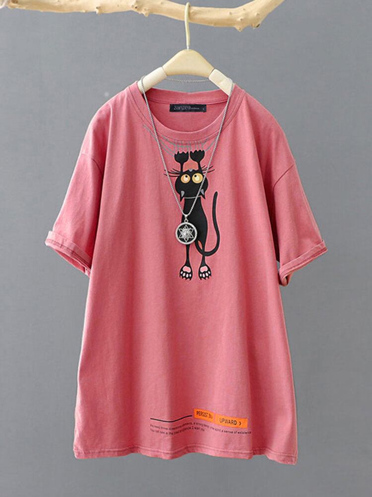 Cartoon Cat Letter Print Rundhalset Kortærmet T-shirt