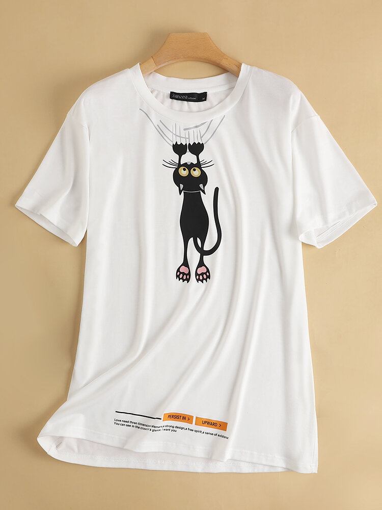 Cartoon Cat Letter Print Rundhalset Kortærmet T-shirt