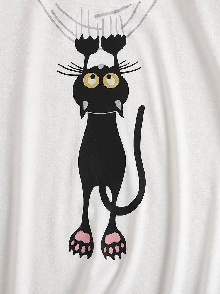 Cartoon Cat Letter Print Rundhalset Kortærmet T-shirt