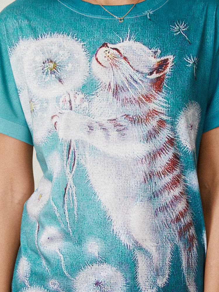 Cartoon Flower Cat Print Kortærmet O-hals Afslappet T-shirt