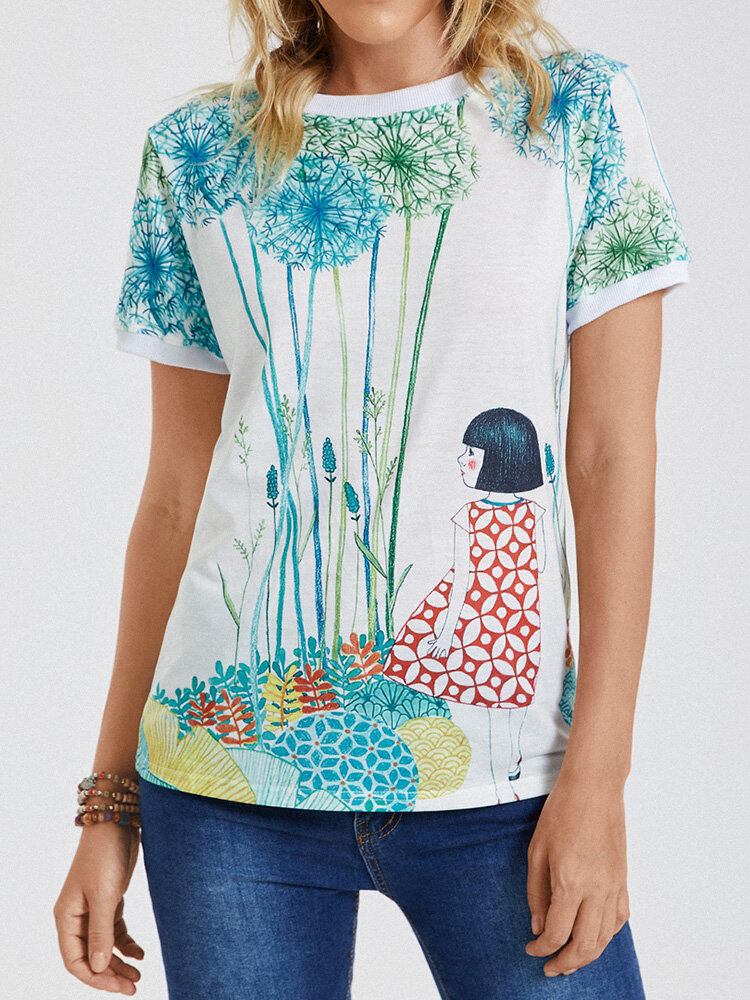 Cartoon Girl Print O-hals Kortærmet Casual T-shirt Til Kvinder