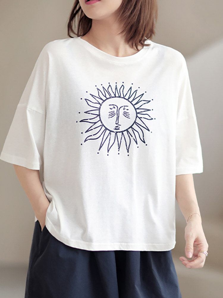 Cartoon Sun Print Kortærmet Casual Løs T-shirt