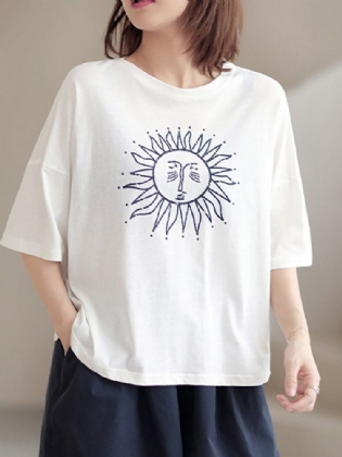 Cartoon Sun Print Kortærmet Casual Løs T-shirt