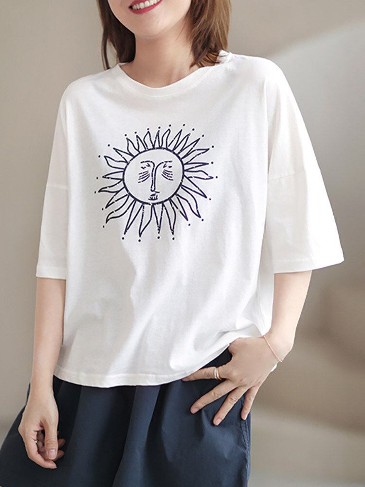 Cartoon Sun Print Kortærmet Casual Løs T-shirt