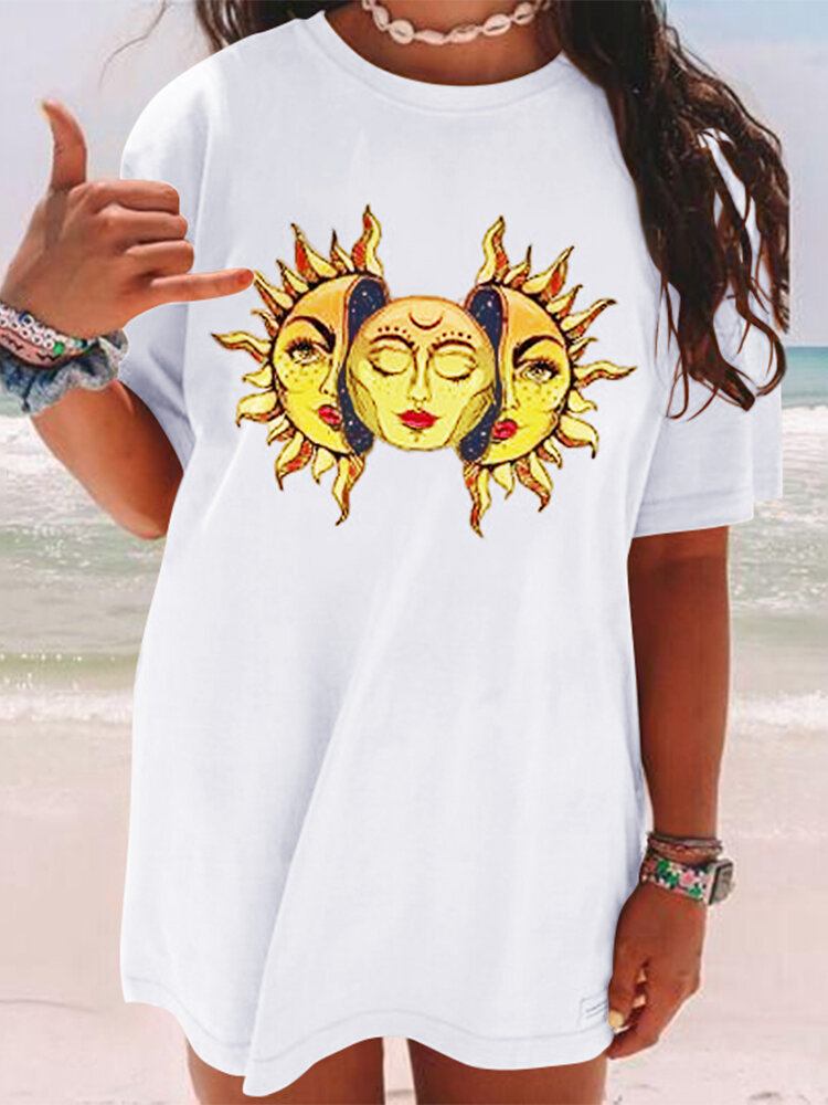 Cartoon Sun Print Rundhalset Kortærmet Afslappet Løs T-shirt