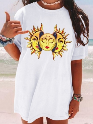 Cartoon Sun Print Rundhalset Kortærmet Afslappet Løs T-shirt