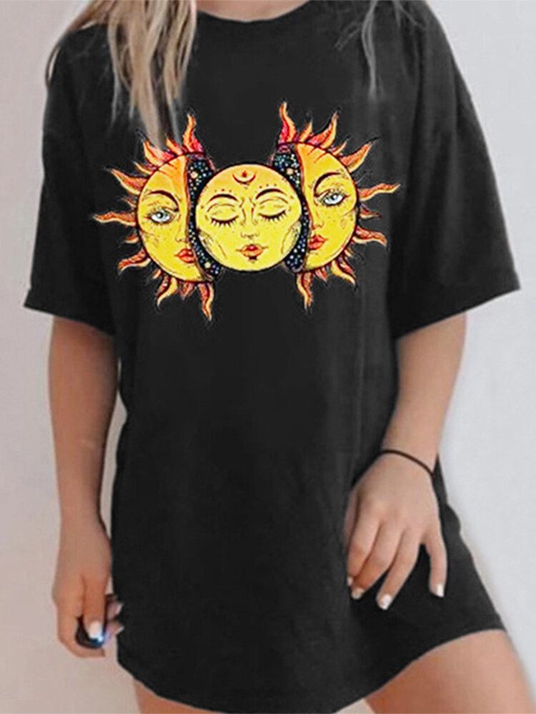 Cartoon Sun Print Rundhalset Kortærmet Afslappet Løs T-shirt