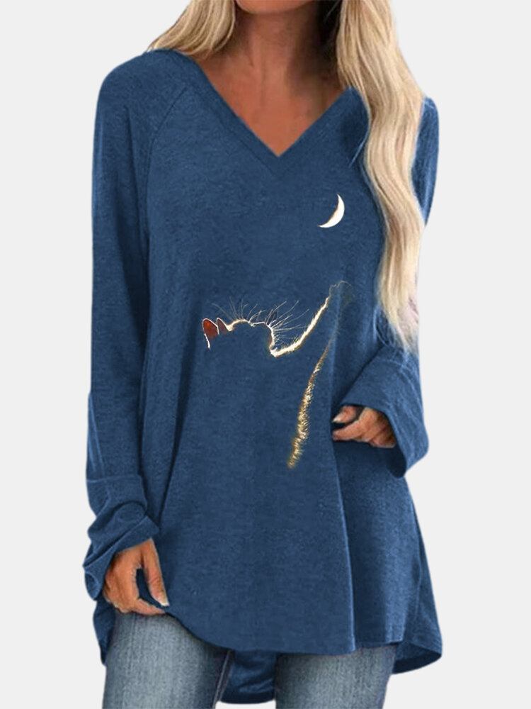 Cat Print Langærmede V-hals Høj Lav Hem Casual T-shirt Til Kvinder