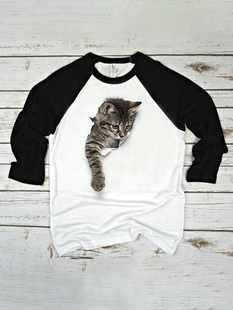 Cute Cat Print Raglan Ærmer O-hals Casual T-shirt Til Kvinder