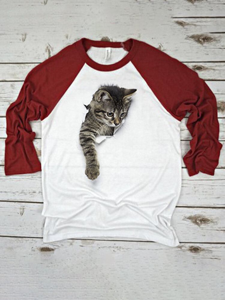 Cute Cat Print Raglan Ærmer O-hals Casual T-shirt Til Kvinder