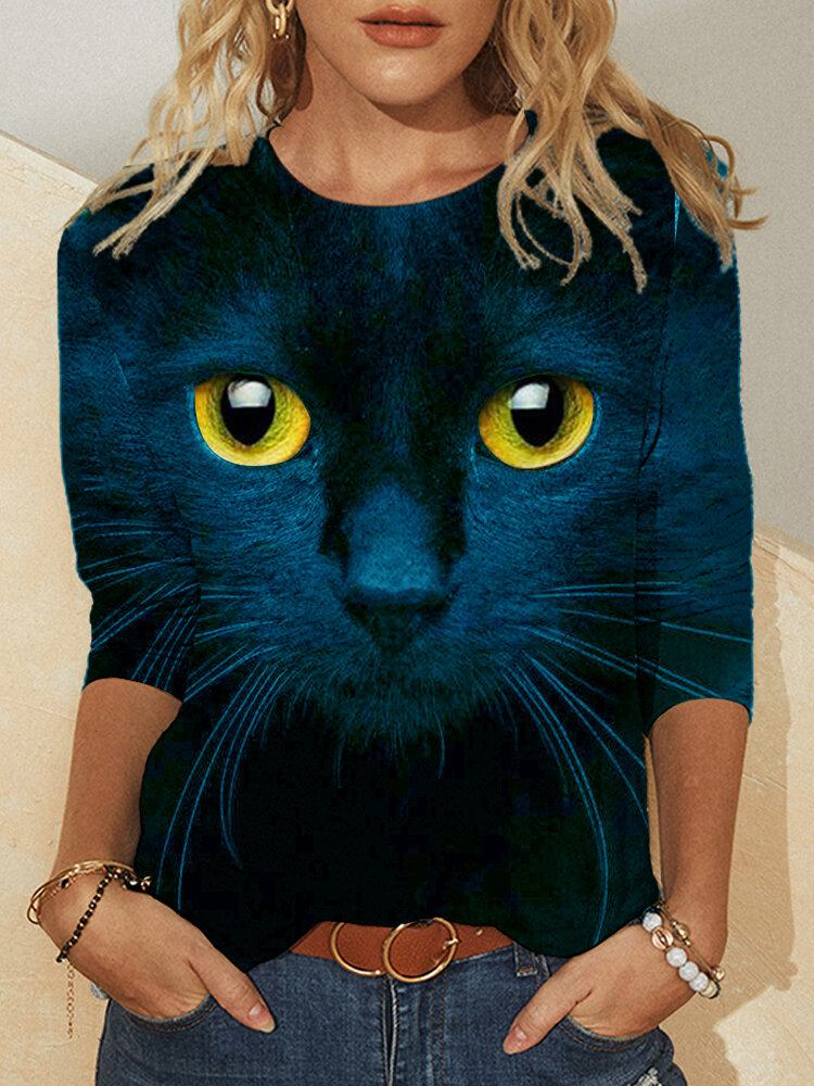 Dame 3d Cat Print Langærmede Design T-shirts