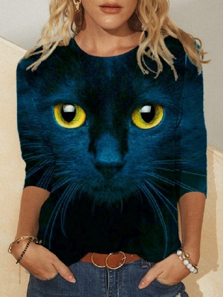 Dame 3d Cat Print Langærmede Design T-shirts
