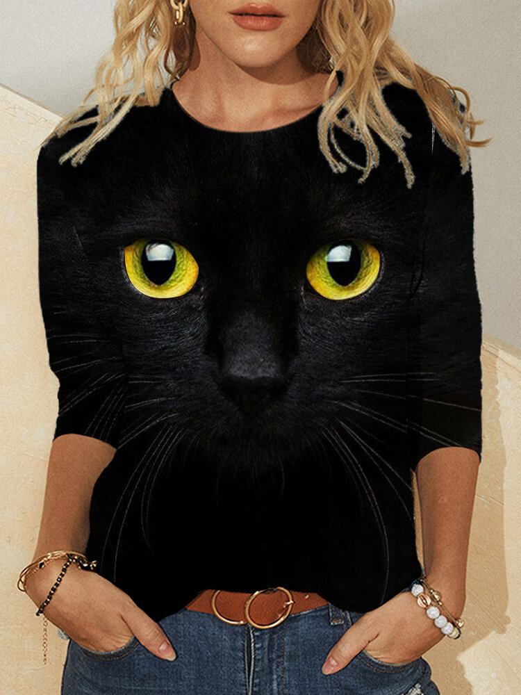 Dame 3d Cat Print Langærmede Design T-shirts