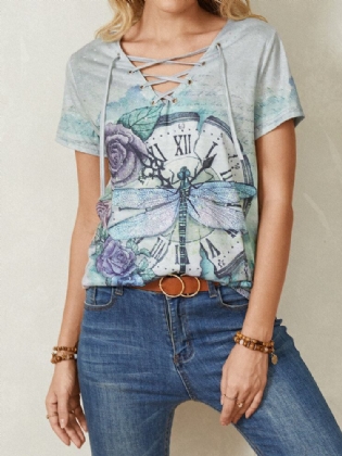 Dame Calico Dragonfly Print V-hals Bandage Casual Kortærmede T-shirts