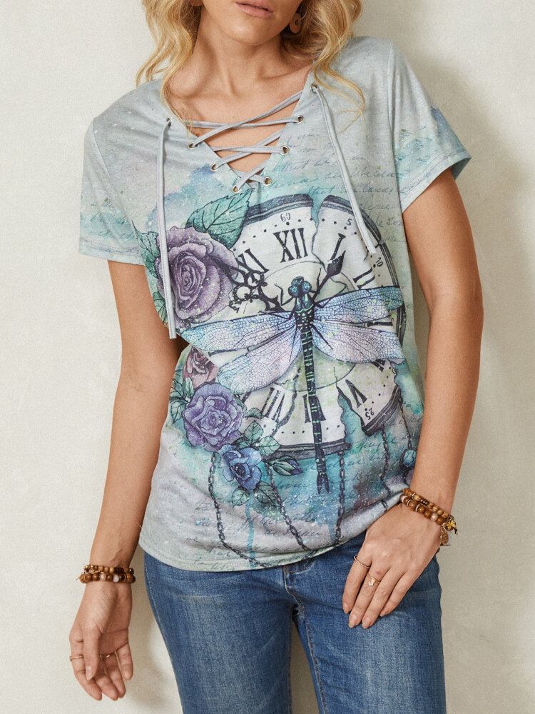 Dame Calico Dragonfly Print V-hals Bandage Casual Kortærmede T-shirts